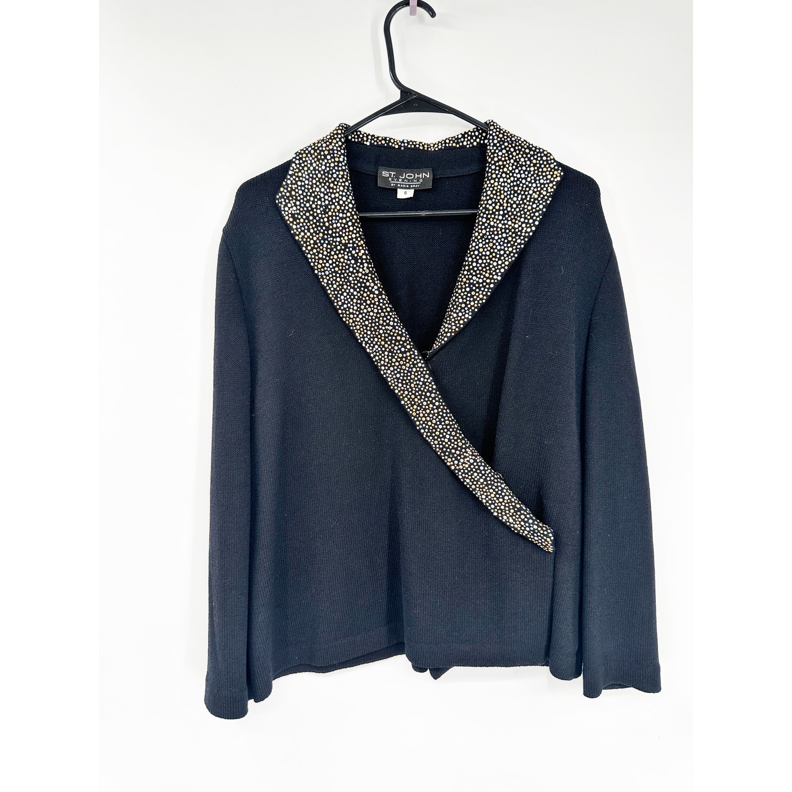 St. John Black Santana Knit Side Snap Wrap Sweater Top Gold Silver Studded 8